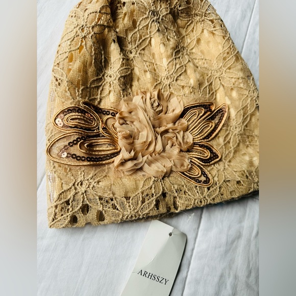 NWT Lace Khaki Sequins Embroidered Slouchy Beanie - Picture 3 of 5